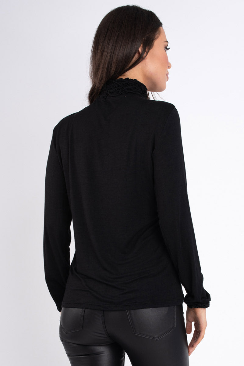 Martine Long Sleeve Polo Neck With Ruffle Neck detail - Black - Fridays Edit