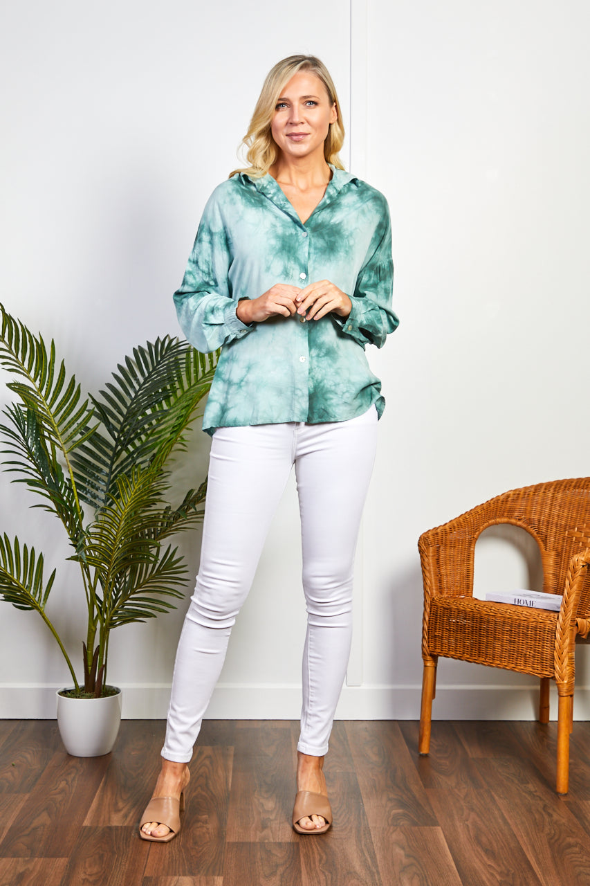 Green and White Marble Print Shirt