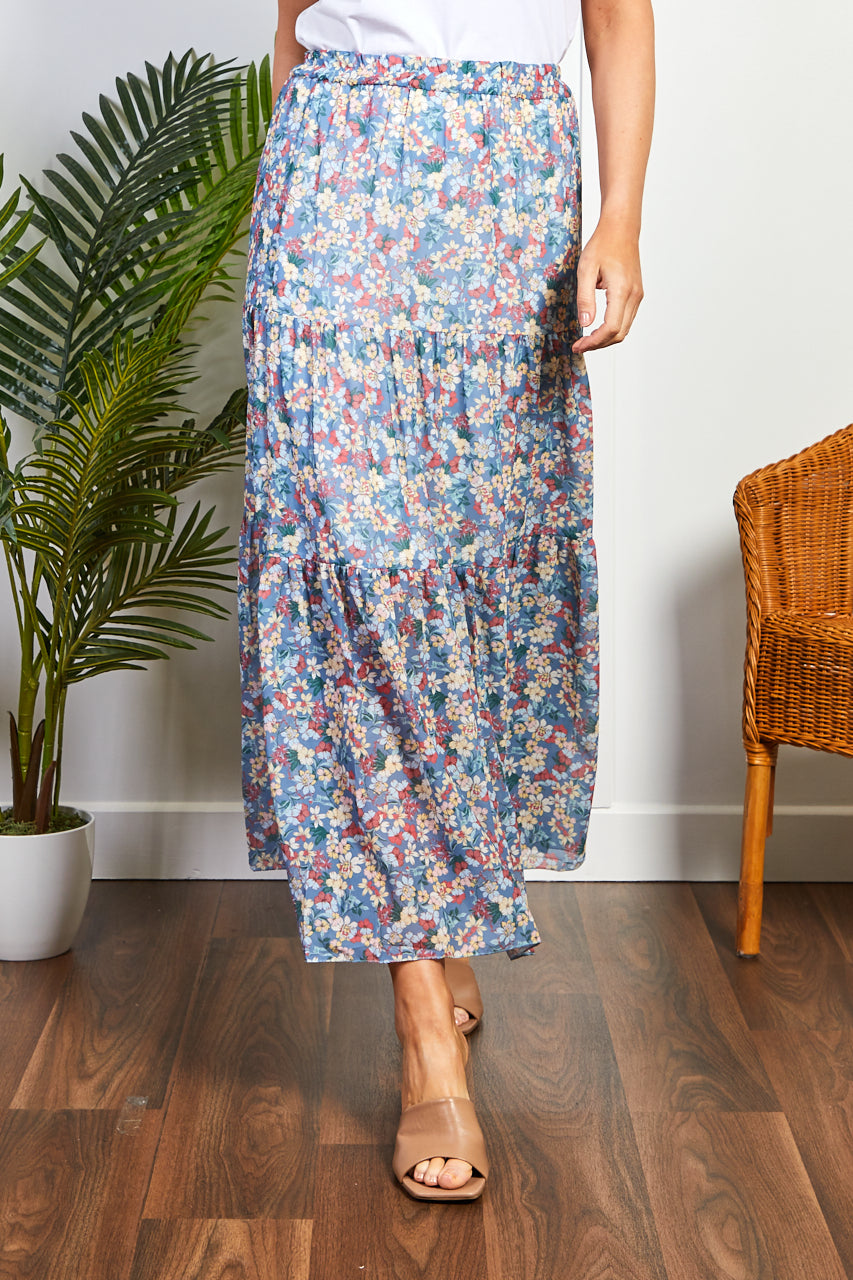 Blue Floral Print Midi Skirt