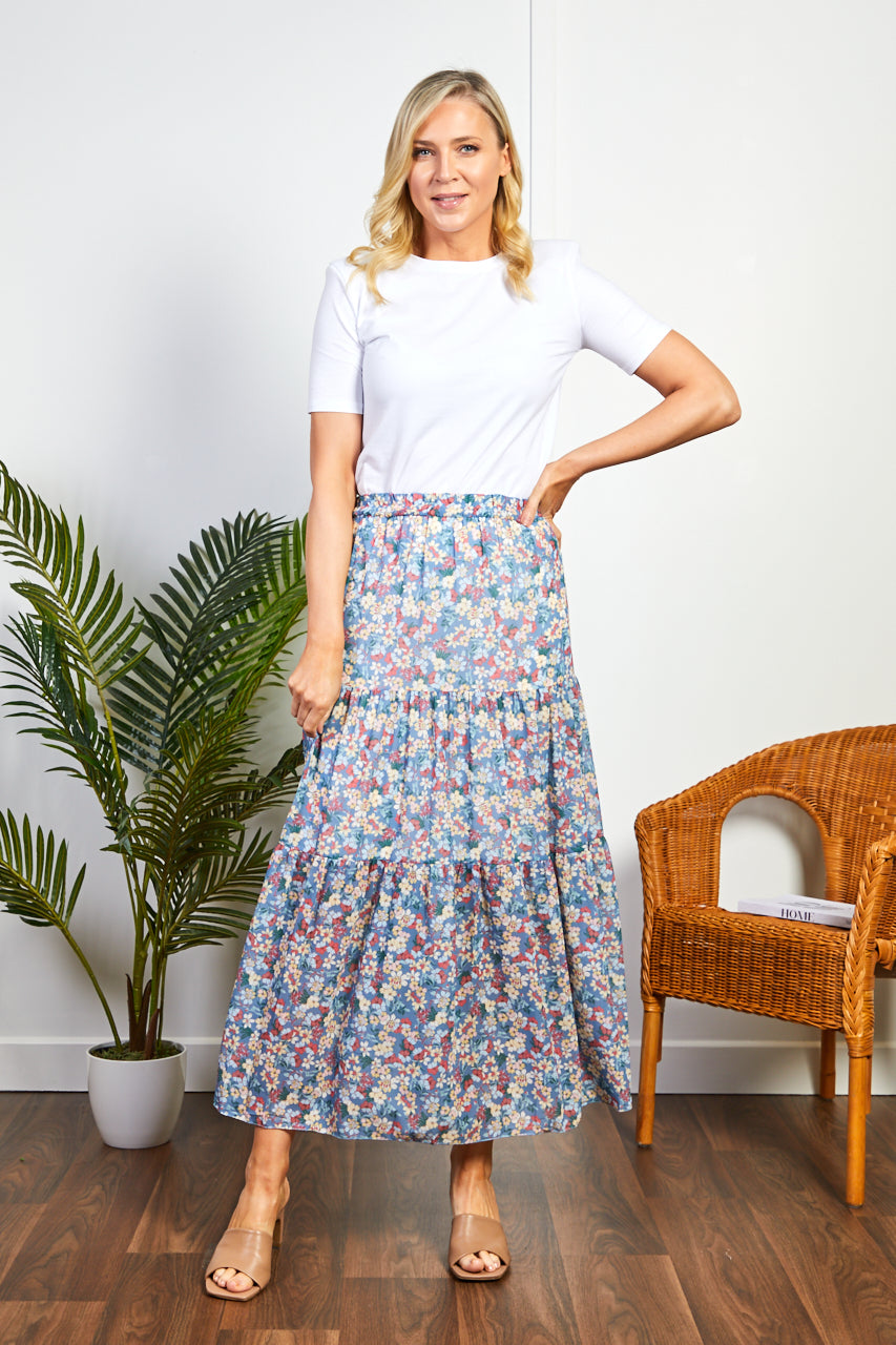 Blue Floral Print Midi Skirt