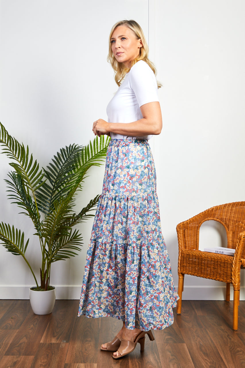 Blue Floral Print Midi Skirt