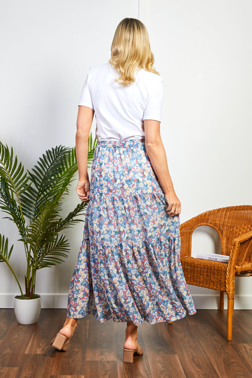 Blue Floral Print Midi Skirt