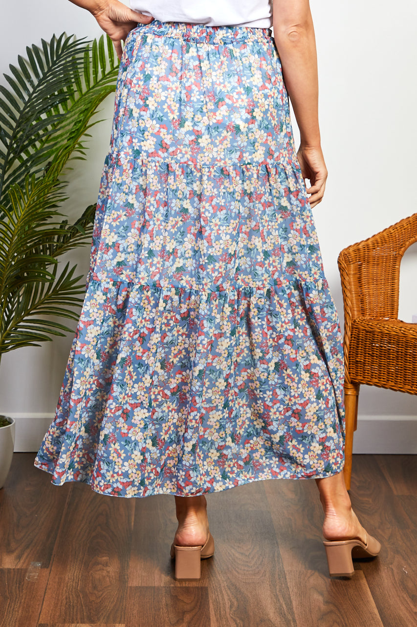 Blue Floral Print Midi Skirt