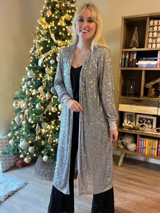 Sequin Longline Cardigan with Ribbed Cuff - Silver