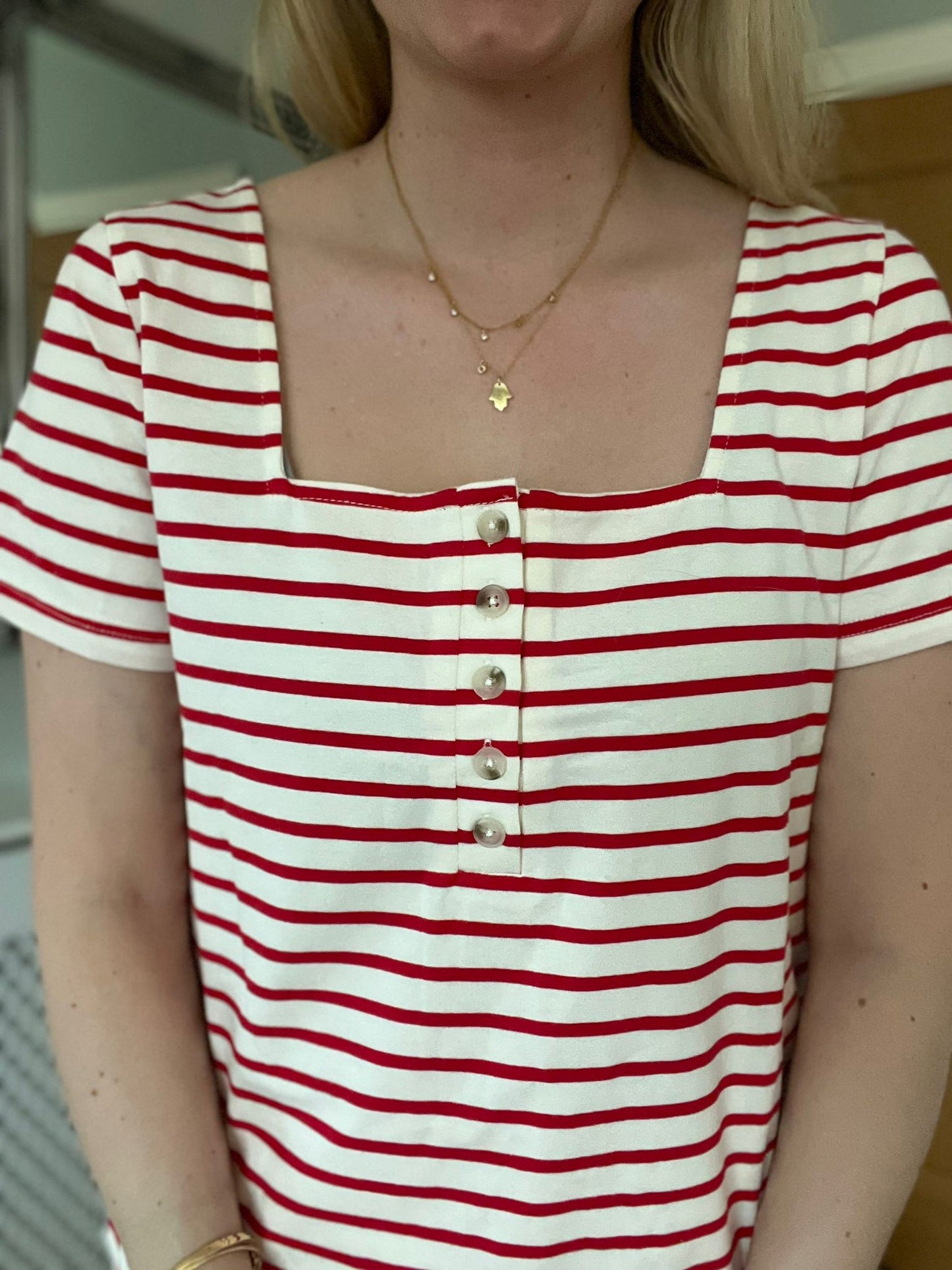 Lorna Striped Buttoned Top - Red