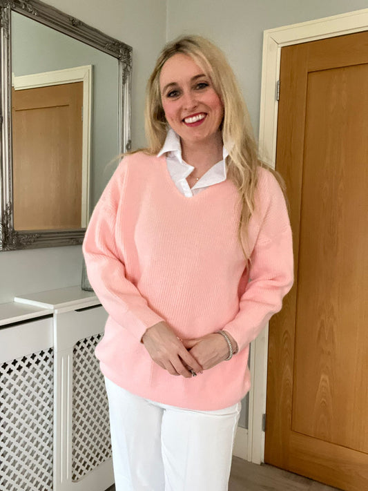 Victoria Pink Jumper with mock Shirt Collar